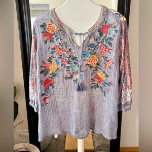 JOHN MARK Garden Party Embroidered Floral Shirt With 3/4 Length Sleeves